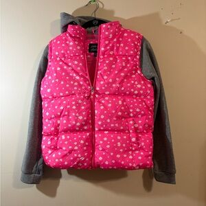 Pink Platinum girl's 14/16 Pink Gray white puffer vest w/ hooded sweatshirt coat